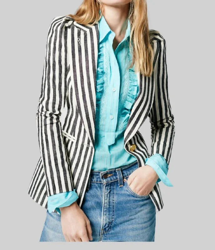 Box Pleat Blazer In Black Awning Stripe