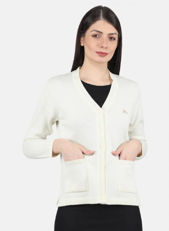 Women Off White Solid Cardigan